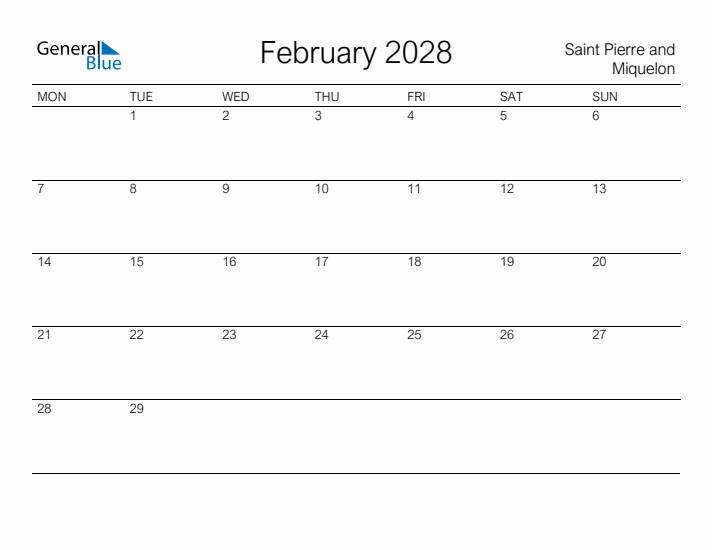 Printable February 2028 Calendar for Saint Pierre and Miquelon