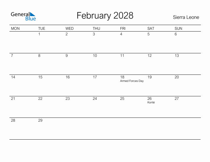 Printable February 2028 Calendar for Sierra Leone