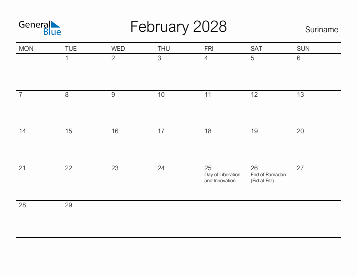 Printable February 2028 Calendar for Suriname