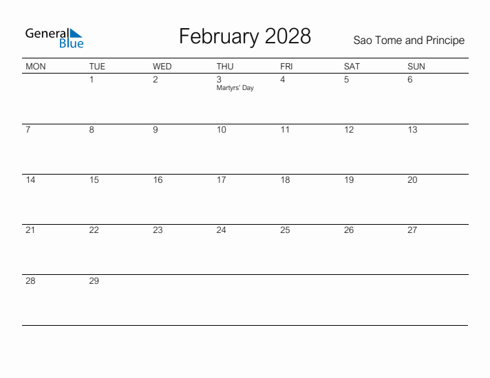 Printable February 2028 Calendar for Sao Tome and Principe