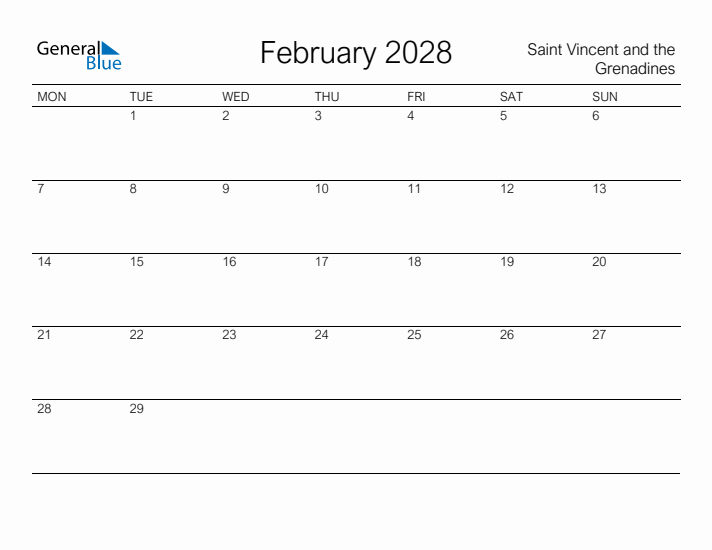 Printable February 2028 Calendar for Saint Vincent and the Grenadines