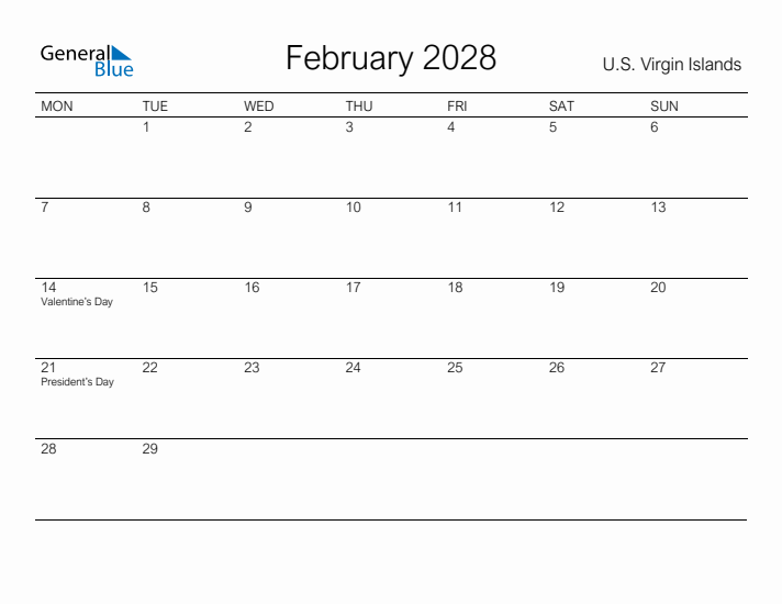 Printable February 2028 Calendar for U.S. Virgin Islands