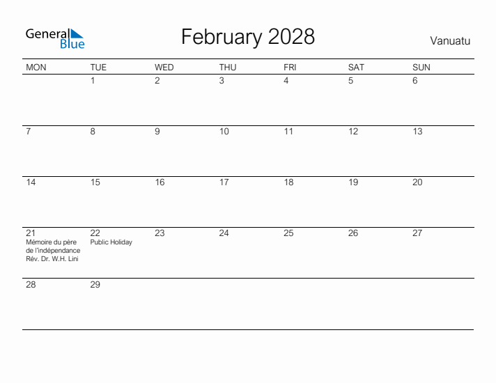 Printable February 2028 Calendar for Vanuatu