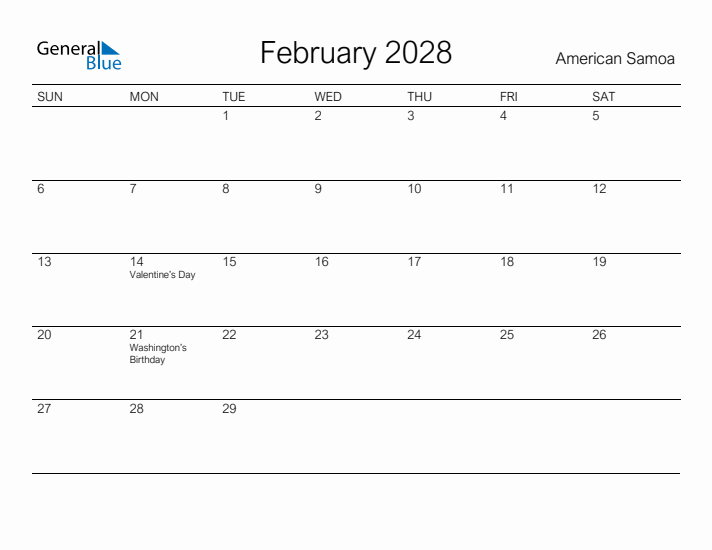 Printable February 2028 Calendar for American Samoa