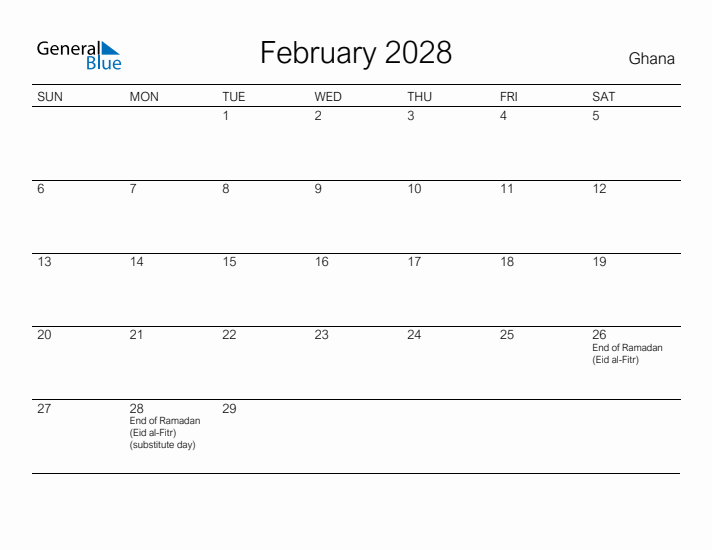 Printable February 2028 Calendar for Ghana