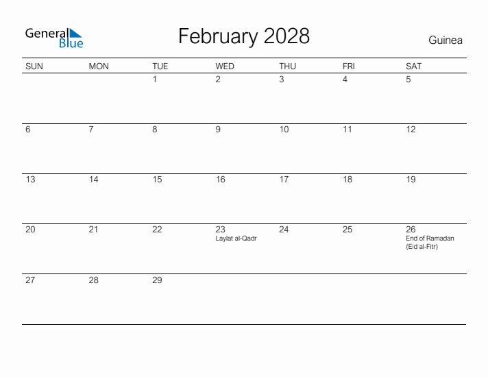 Printable February 2028 Calendar for Guinea