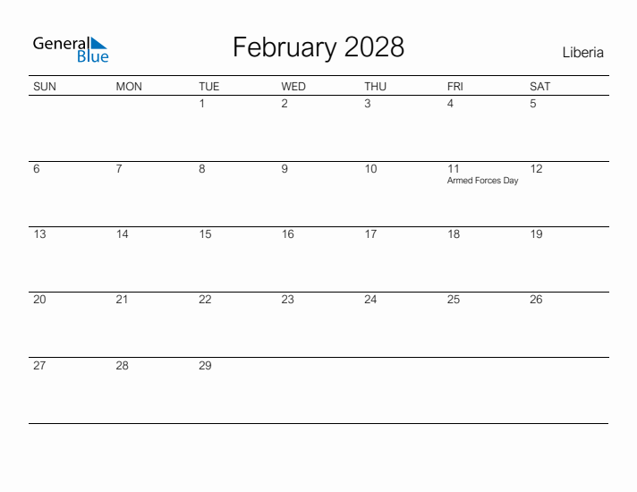 Printable February 2028 Calendar for Liberia