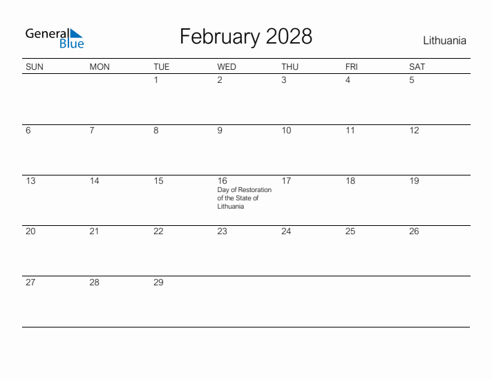 Printable February 2028 Calendar for Lithuania