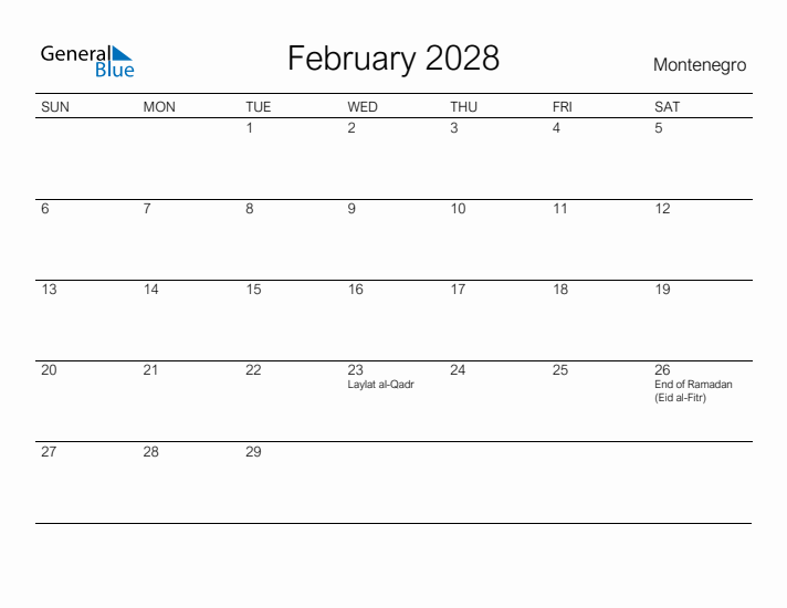 Printable February 2028 Calendar for Montenegro