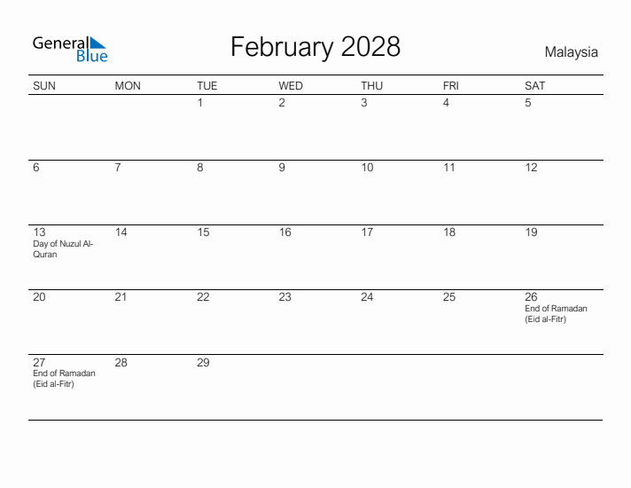 Printable February 2028 Calendar for Malaysia