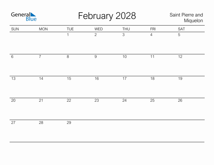 Printable February 2028 Calendar for Saint Pierre and Miquelon