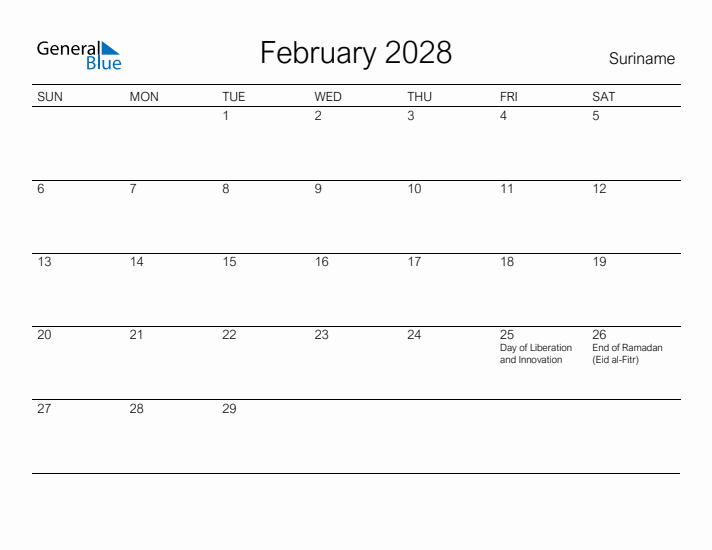Printable February 2028 Calendar for Suriname