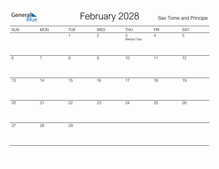 Printable February 2028 Calendar for Sao Tome and Principe
