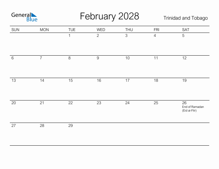 Printable February 2028 Calendar for Trinidad and Tobago