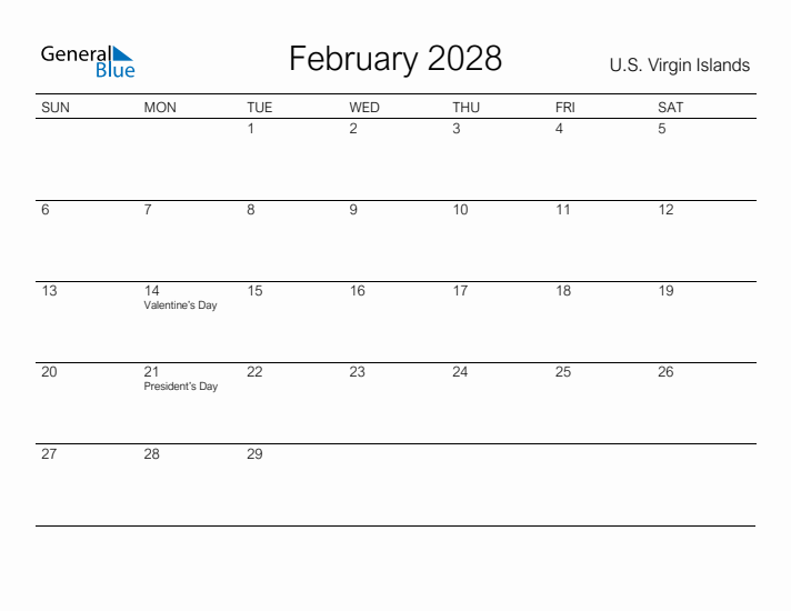 Printable February 2028 Calendar for U.S. Virgin Islands