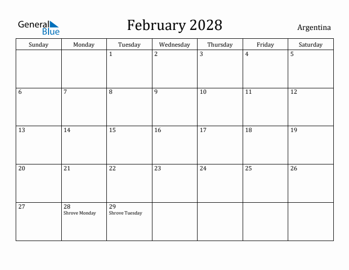 February 2028 Calendar Argentina