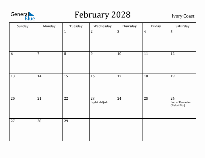 February 2028 Calendar Ivory Coast