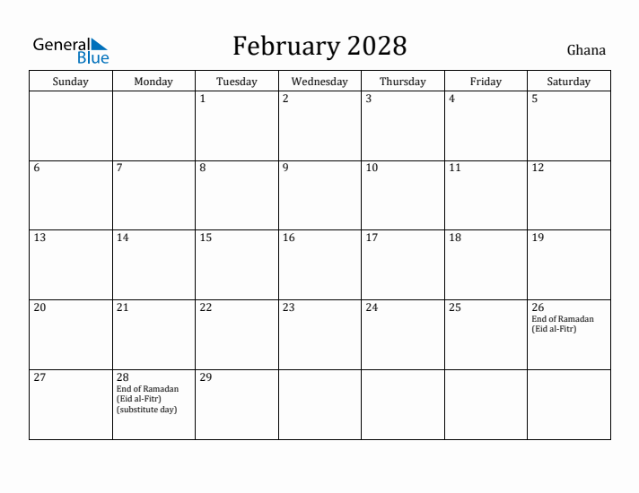 February 2028 Calendar Ghana