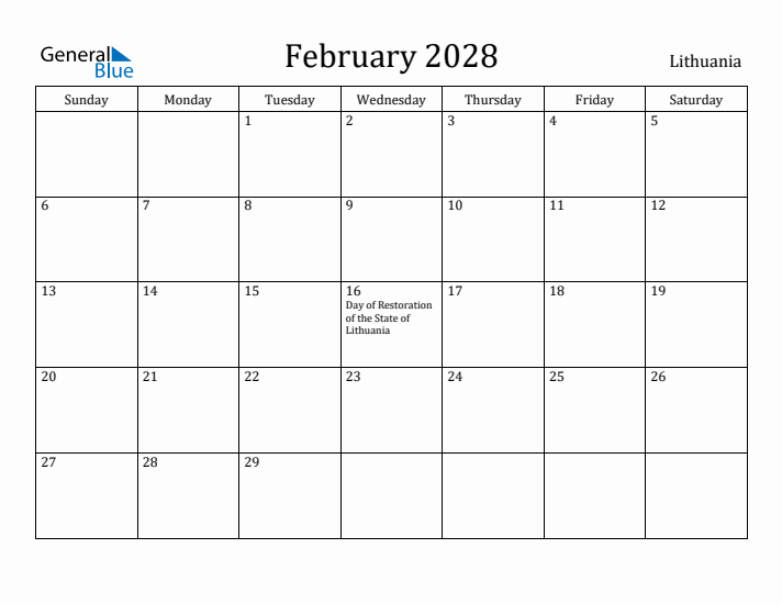 February 2028 Calendar Lithuania