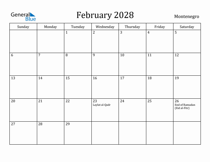 February 2028 Calendar Montenegro