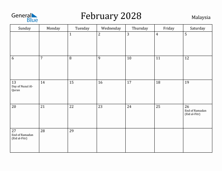 February 2028 Calendar Malaysia