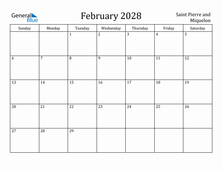 February 2028 Calendar Saint Pierre and Miquelon