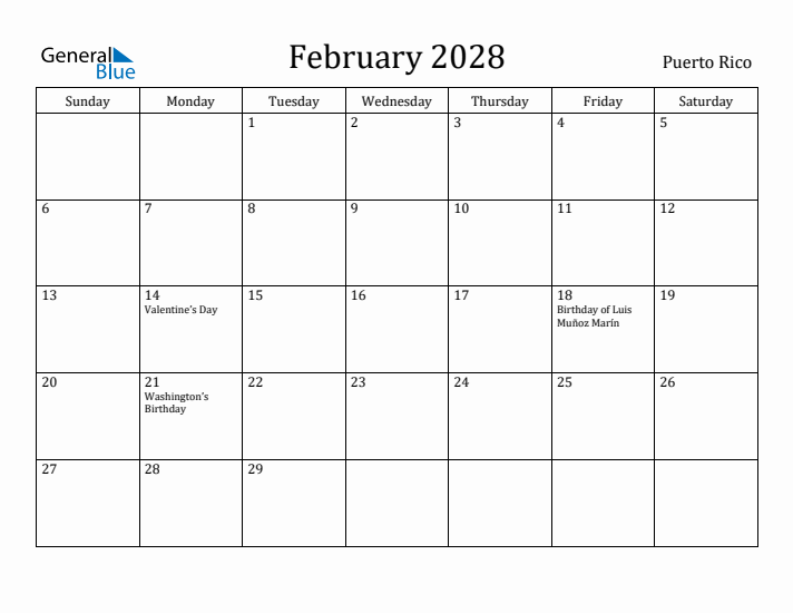February 2028 Calendar Puerto Rico