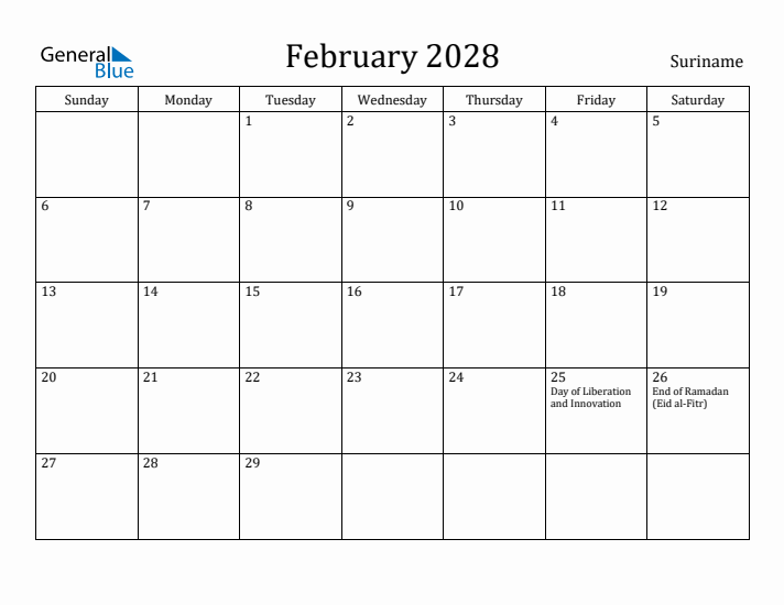 February 2028 Calendar Suriname