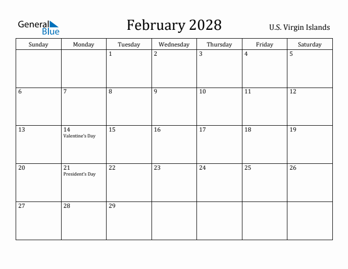 February 2028 Calendar U.S. Virgin Islands