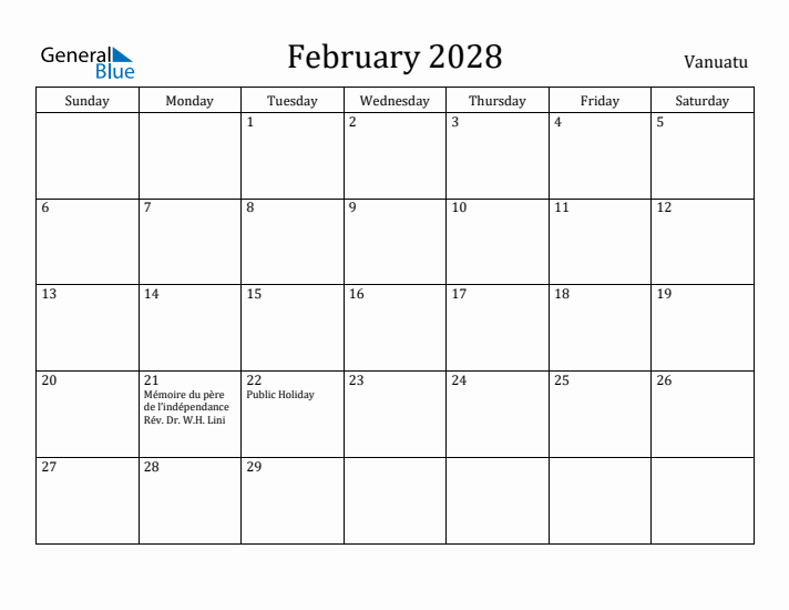 February 2028 Calendar Vanuatu