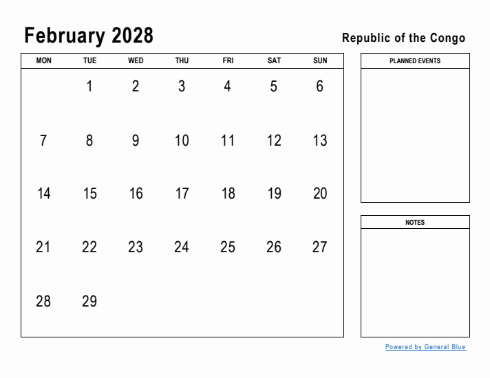 February 2028 Printable Monthly Calendar with Republic of the Congo Holidays