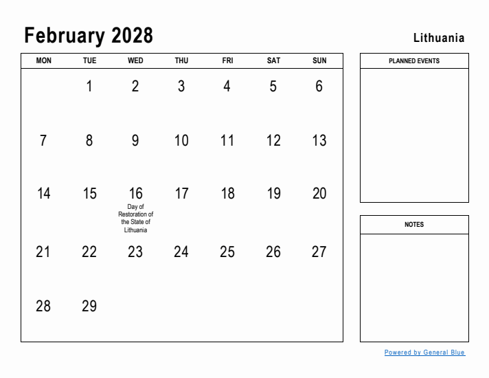 February 2028 Printable Monthly Calendar with Lithuania Holidays