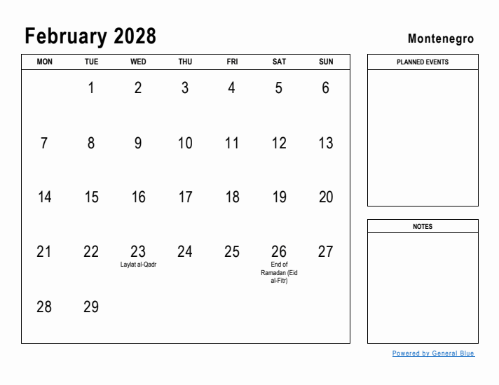 February 2028 Printable Monthly Calendar with Montenegro Holidays