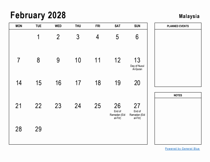 February 2028 Printable Monthly Calendar with Malaysia Holidays