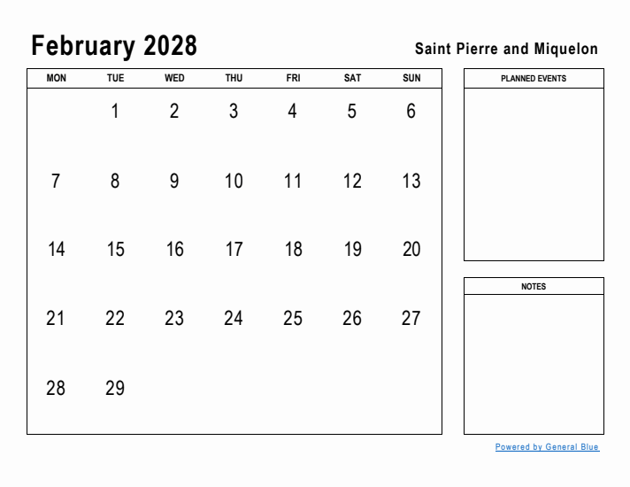 February 2028 Printable Monthly Calendar with Saint Pierre and Miquelon Holidays