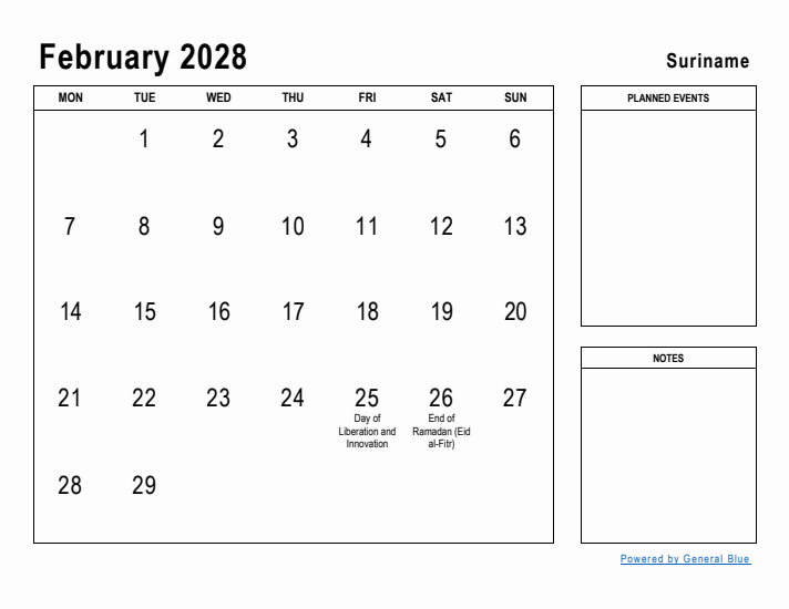 February 2028 Printable Monthly Calendar with Suriname Holidays