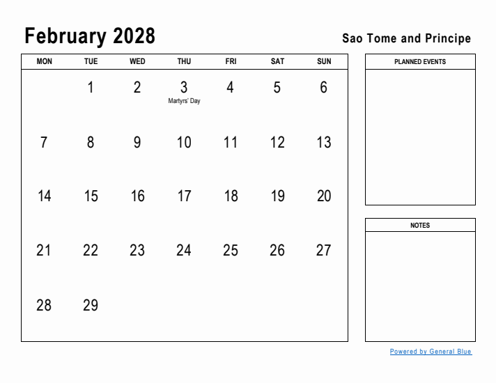 February 2028 Printable Monthly Calendar with Sao Tome and Principe Holidays