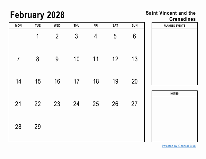 February 2028 Printable Monthly Calendar with Saint Vincent and the Grenadines Holidays