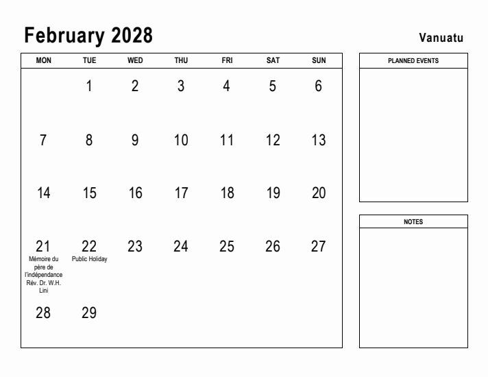 February 2028 Printable Monthly Calendar with Vanuatu Holidays