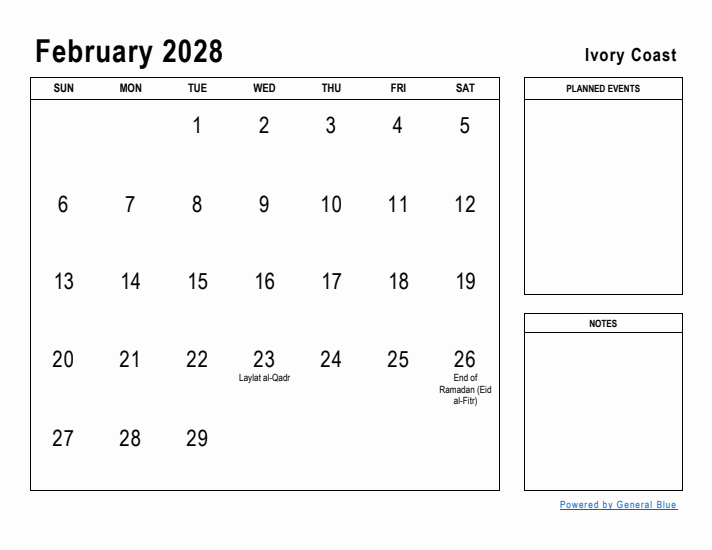 February 2028 Printable Monthly Calendar with Ivory Coast Holidays