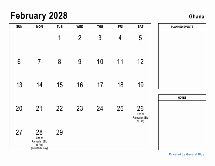 February 2028 Printable Monthly Calendar with Ghana Holidays