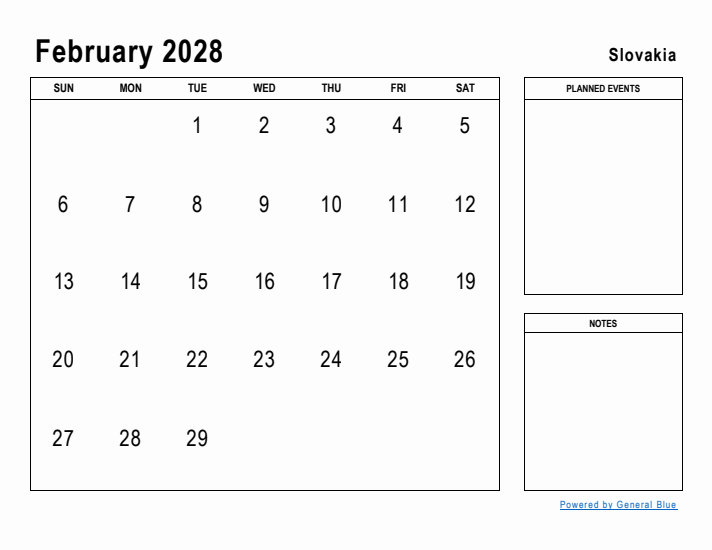 February 2028 Printable Monthly Calendar with Slovakia Holidays
