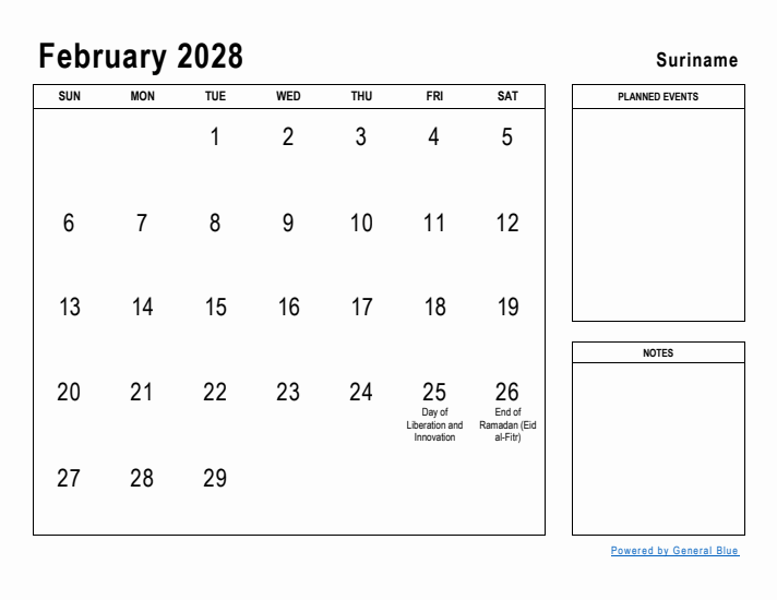 February 2028 Printable Monthly Calendar with Suriname Holidays