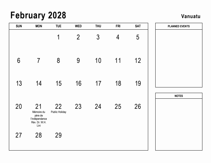 February 2028 Printable Monthly Calendar with Vanuatu Holidays
