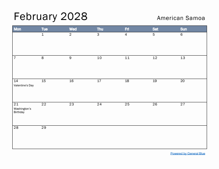 February 2028 Simple Monthly Calendar for American Samoa