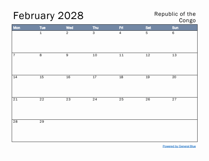 February 2028 Simple Monthly Calendar for Republic of the Congo