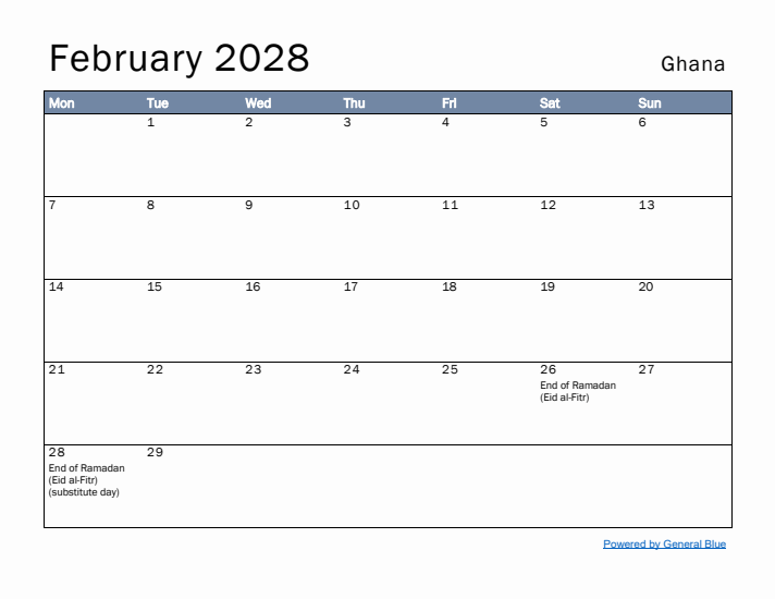 February 2028 Simple Monthly Calendar for Ghana