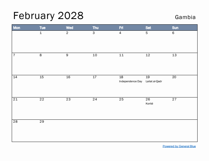 February 2028 Simple Monthly Calendar for Gambia