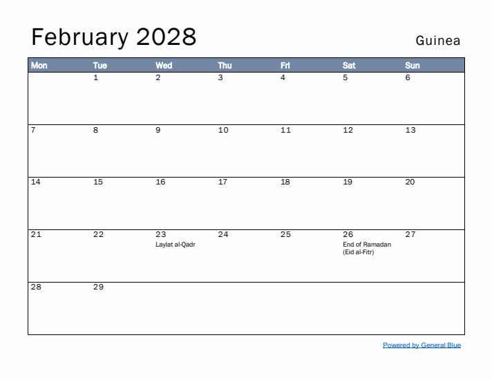 February 2028 Simple Monthly Calendar for Guinea