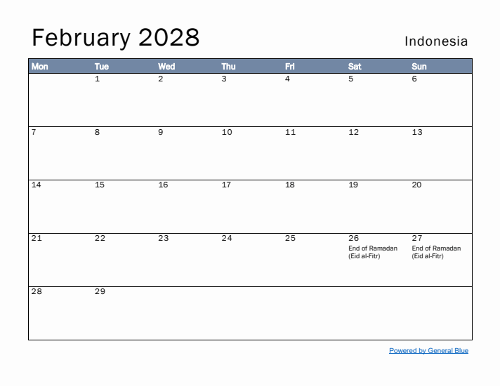 February 2028 Simple Monthly Calendar for Indonesia